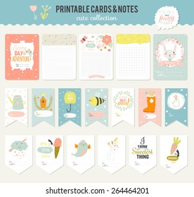 Cartões românticos e de amor, notas, adesivos, etiquetas, etiquetas com ilustrações de Primavera. Modelo para scrapbooking, embrulho, parabéns, convites. Vector desejos com animais bonitos, flores e doces