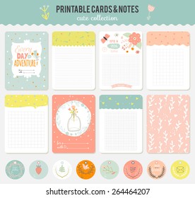 Romantic and love cards, notes, stickers, labels, tags with Spring illustrations. Template for scrapbooking, wrapping, congratulations, invitations. Vector wishes with cute animals, flowers and sweets