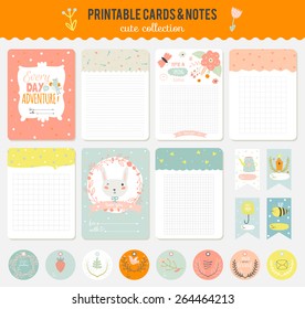 Romantic and love cards, notes, stickers, labels, tags with Spring illustrations. Template for scrapbooking, wrapping, congratulations, invitations. Vector wishes with cute animals, flowers and sweets