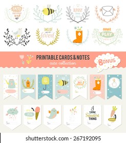 Romantic and love cards, notes, stickers, labels, tags with Spring illustrations. Template for scrapbooking, wrapping, congratulations, invitations. Vector wishes with cute animals, flowers and sweets