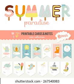 Romantic and love cards, notes, stickers, labels, tags with Summer illustrations. Template for scrapbooking, wrapping, congratulations, invitations. Vector wishes with cute animals, flowers and sweets