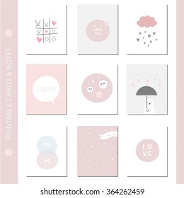 Romantic and love cards, notes, stickers, labels, tags with Spring illustrations.Template for scrap booking, wrapping, congratulations, invitations. Vector wishes with cute animals, flowers and sweets