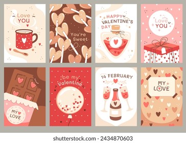 Romantic love cards set for greetings to valentines day and sharing adoration with cute simple design. Festive postcards, gifts flyers, covers and holiday brochures templates vector illustration