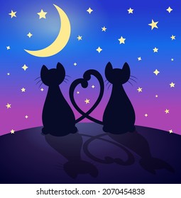 Romantic love cats silhouettes against the night sky with many stars and moon, a romantic card, two cats in love with the tails crossed like a heart.