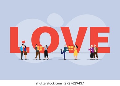 Concepto romántico del amor con las parejas diversas y el regalo que da la Ilustración vectorial plana 2d