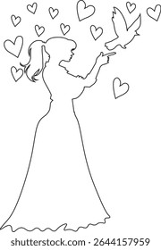 Conceito de Amor Romântico - Menina e Pássaro em Harmonia Cercado por Corações Line Art