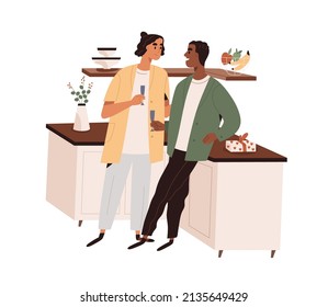 Romantic love couple celebrating holiday at home. Homosexual biracial men with wine glasses. Happy male partners relaxing in evening. Flat graphic vector illustration isolated on white background