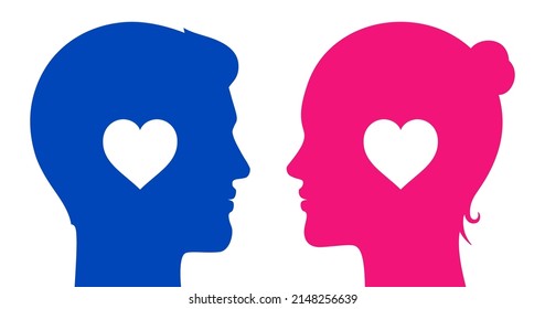 Romantic Love Couple Emotional Connection, Concept Vector Illustration. Man And Woman Lovers With Heart Icons Looking At Each Other, Isolated On White Background.