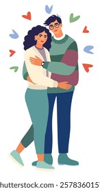 Romantic love. Couple - girl and boy hug each other. Love between friends. Flat style. Vector illustration.