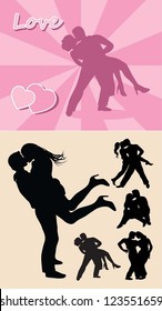 Romantic love couple silhouette vector set.  Male and female erotic couple shadow, kiss, holding, and dancing. Use for any design you want : sticker, poster, valentines card, valentine event, etc.