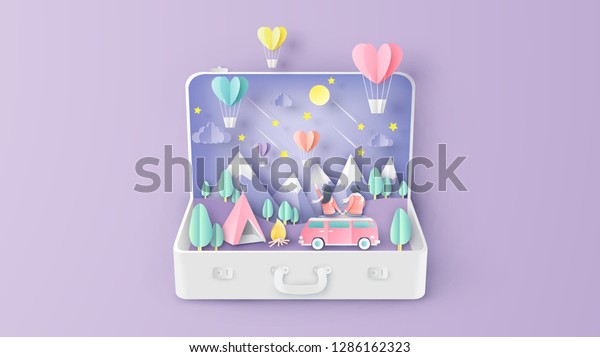 Romantic of love couple travel sit on the\
van car and look the heart shape hot air balloon float up to sky\
inside suitcase. Graphic for Valentine\'s. paper cut and craft\
style. vector,\
illustration.