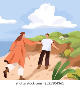 Romantic love couple walking at sea coast, holding hands. Happy valentines in peaceful outdoor landscape. Man and woman in nature, calm serene adventure on beach, seaside. Flat vector illustration