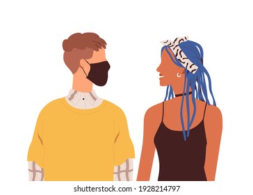 Romantic Love Couple Of Young Man In Face Mask And Woman Standing Together And Looking At Each Other. Heterosexual Partners. Flat Vector Illustration Of Boyfriend And Girlfriend Isolated On White