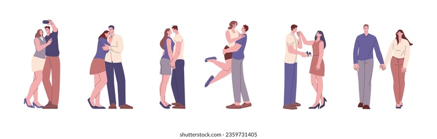 Personajes románticos de parejas de amor. Mujeres hombres abrazando y besando, amantes de las relaciones. Personas en citas, novios aislados kicky vector set