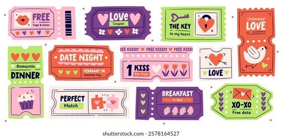 Romantic love coupons and tear-off tickets trendy colorful valentine day doodle isolated set. Greeting, invitation and congratulation gift voucher for enamored couples and lovers vector illustration