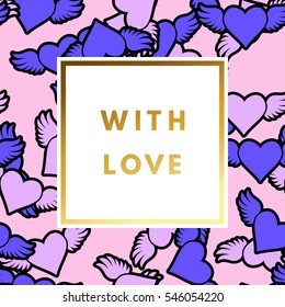 Romantic love creative, printable journaling, wedding, valentine day greeting card. Gold minimal logo in frame on abstract background Vintage modern design for banner, poster, flyer, package template.