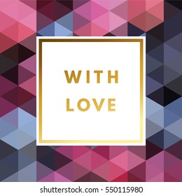 Romantic love creative, printable journaling, wedding day greeting card. Gold minimal logo in frame on abstract background Vintage modern design for banner, poster, flyer, package template.