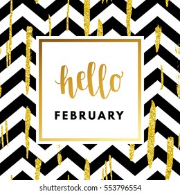 Romantic love creative, printable journaling, Valentine day greeting card. Gold minimal logo in frame on abstract background. Design for banner, poster, flyer, package template. Hello february
