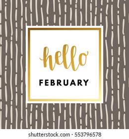 Romantic love creative, printable journaling, Valentine day greeting card. Gold minimal logo in frame on abstract background. Design for banner, poster, flyer, package template. Hello february