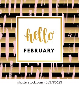 Romantic love creative, printable journaling, Valentine day greeting card. Gold minimal logo in frame on abstract background. Design for banner, poster, flyer, package template. Hello february