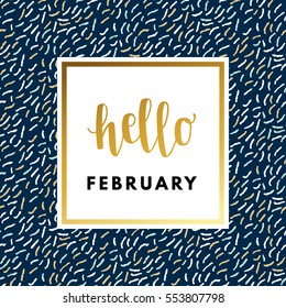 Romantic love creative, printable journaling, Valentine day greeting card. Gold minimal logo in frame on abstract background. Design for banner, poster, flyer, package template. Hello february