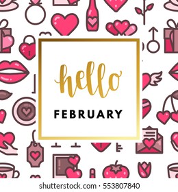 Romantic love creative, printable journaling, Valentine day greeting card. Gold minimal logo in frame on abstract background. Design for banner, poster, flyer, package template. Hello february