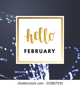Romantic love creative, printable journaling, Valentine day greeting card. Gold minimal logo in frame on abstract background. Design for banner, poster, flyer, package template. Hello february
