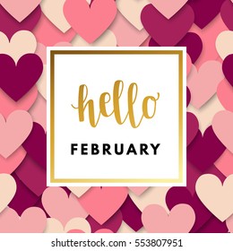 Romantic love creative, printable journaling, Valentine day greeting card. Gold minimal logo in frame on abstract background. Design for banner, poster, flyer, package template. Hello february