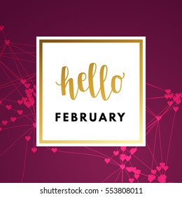 Romantic love creative, printable journaling, Valentine day greeting card. Gold minimal logo in frame on abstract background. Design for banner, poster, flyer, package template. Hello february