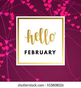 Romantic love creative, printable journaling, Valentine day greeting card. Gold minimal logo in frame on abstract background. Design for banner, poster, flyer, package template. Hello february