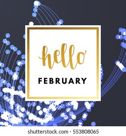 Romantic love creative, printable journaling, Valentine day greeting card. Gold minimal logo in frame on abstract background. Design for banner, poster, flyer, package template. Hello february