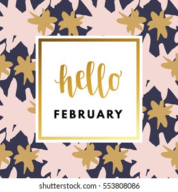 Romantic love creative, printable journaling, Valentine day greeting card. Gold minimal logo in frame on abstract background. Design for banner, poster, flyer, package template. Hello february