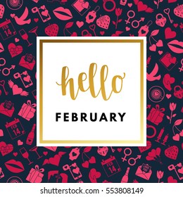 Romantic love creative, printable journaling, Valentine day greeting card. Gold minimal logo in frame on abstract background. Design for banner, poster, flyer, package template. Hello february