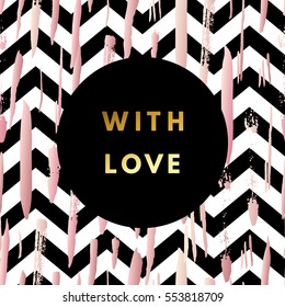 Romantic love creative, printable journaling, Valentine day greeting card. Gold minimal logo in frame on abstract background. Design for banner, poster, flyer, package template. 