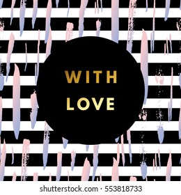 Romantic love creative, printable journaling, Valentine day greeting card. Gold minimal logo in frame on abstract background. Design for banner, poster, flyer, package template. 