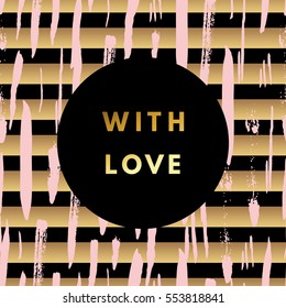 Romantic love creative, printable journaling, Valentine day greeting card. Gold minimal logo in frame on abstract background. Design for banner, poster, flyer, package template. 