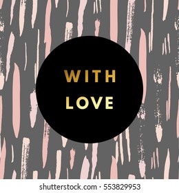 Romantic love creative, printable journaling, Valentine day greeting card. Gold minimal logo in frame on abstract background. Design for banner, poster, flyer, package template. 