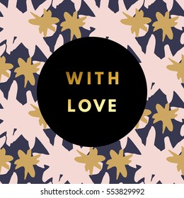 Romantic love creative, printable journaling, Valentine day greeting card. Gold minimal logo in frame on abstract background. Design for banner, poster, flyer, package template. 