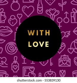 Romantic love creative, printable journaling, Valentine day greeting card. Gold minimal logo in frame on abstract background. Design for banner, poster, flyer, package template. Hello february