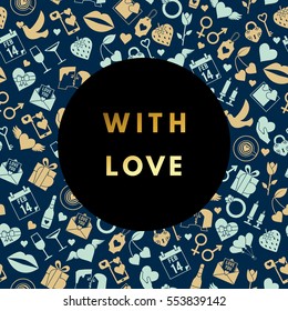 Romantic love creative, printable journaling, Valentine day greeting card. Gold minimal logo in frame on abstract background. Design for banner, poster, flyer, package template. Hello february