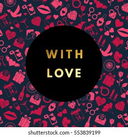 Romantic love creative, printable journaling, Valentine day greeting card. Gold minimal logo in frame on abstract background. Design for banner, poster, flyer, package template. Hello february
