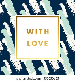 Romantic love creative, printable journaling, Valentine day greeting card. Gold minimal logo in frame on abstract background. Design for banner, poster, flyer, package template.