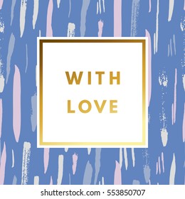 Romantic love creative, printable journaling, Valentine day greeting card. Gold minimal logo in frame on abstract background. Design for banner, poster, flyer, package template.
