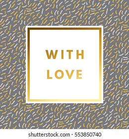 Romantic love creative, printable journaling, Valentine day greeting card. Gold minimal logo in frame on abstract background. Design for banner, poster, flyer, package template.