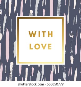Romantic love creative, printable journaling, Valentine day greeting card. Gold minimal logo in frame on abstract background. Design for banner, poster, flyer, package template.