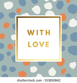Romantic love creative, printable journaling, Valentine day greeting card. Gold minimal logo in frame on abstract background. Design for banner, poster, flyer, package template.