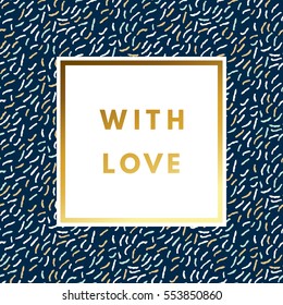 Romantic love creative, printable journaling, Valentine day greeting card. Gold minimal logo in frame on abstract background. Design for banner, poster, flyer, package template.