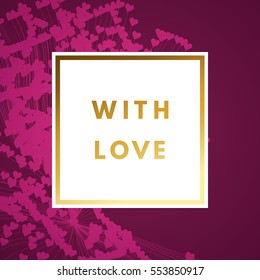 Romantic love creative, printable journaling, Valentine day greeting card. Gold minimal logo in frame on abstract background. Design for banner, poster, flyer, package template.