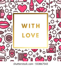 Romantic love creative, printable journaling, Valentine day greeting card. Gold minimal logo in frame on abstract background. Design for banner, poster, flyer, package template.