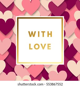 Romantic love creative, printable journaling, Valentine day greeting card. Gold minimal logo in frame on abstract background. Design for banner, poster, flyer, package template.